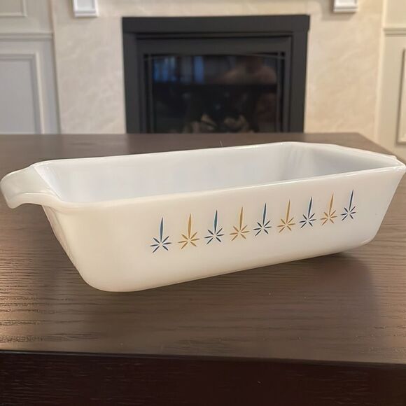 Vintage Fire King Starburst Atomic Loaf Pan Casserole Dish Mid Century Modern - Picture 3 of 6